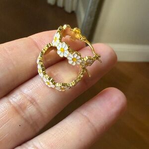 Anthropologie Gold and White Daisy Hoop Earrings